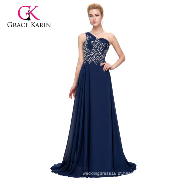 Grace Karin One Shoulder Heavy Beaded Chiffon Navy Blue Long Prom Dress CL4506-2